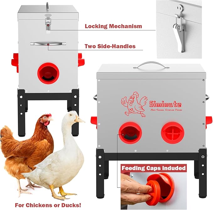 Automatic Chicken Feeder, 40 Lb Capacity 6 Port Large Metal Chicken Feeders, No Waste Poultry Feeder with Locking Lid & Legs, Large Chicken Feeder for Inside Chicken Coops