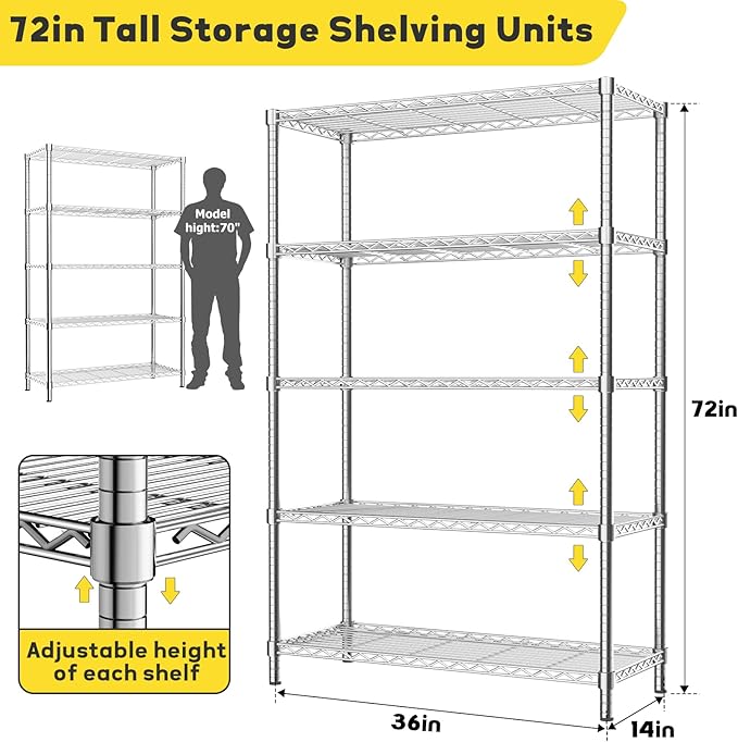 Storage Shelves, 3 PCS 36" L x 14" W x 72" H Heavy Duty Garage Wire Shelving Unit Loads 1750LBS, 5-Tier Adjustable Metal Industrial Utility Shelf Rack for Kitchen, Laundry Room, Basement
