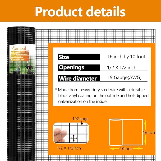 Black 19 Gauge 1/2 Inch Hardware Cloth - Vinyl Coated Welded Wire Mesh Roll - Duty Rust Proof Fencing for Gardens, Poultry Animal Netting Cage Screen (Black 1/2 16inx10Ft)