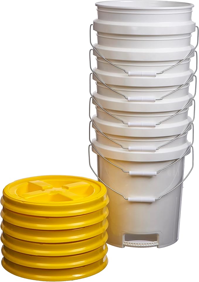 Consolidated Plastics 5 Gallon White Food Grade Buckets with Bottom Grip Handle & Gamma Seal Lids, BPA Free Container Storage, Durable HDPE Pails, Made in USA (6 Pack, Yellow Lids)