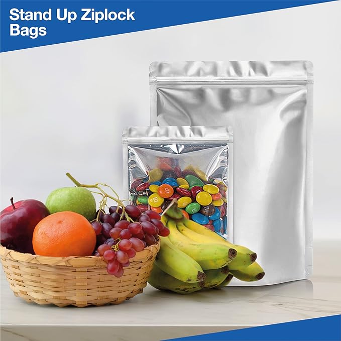 BELLE KR® 100 Pcs Assorted Mylar Bags for Food Storage With Oxygen Absorber 500cc - Large Mylar bags 1 Gallon (10x14), 7x10 & 5x8, 4x6 with 1 Side Clear - (25 Pcs Each) with 100 Labels