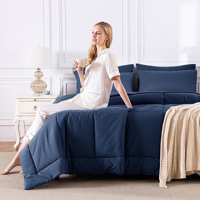CozyLux Oversized King Comforter Sets Navy Blue, 7 Pieces Bed in a Bag, Ultra-Soft All Season Bedding Sets with Stitch Quilted Comforter, Flat Sheet, Fitted Sheet, Pillowcases, Navy Blue