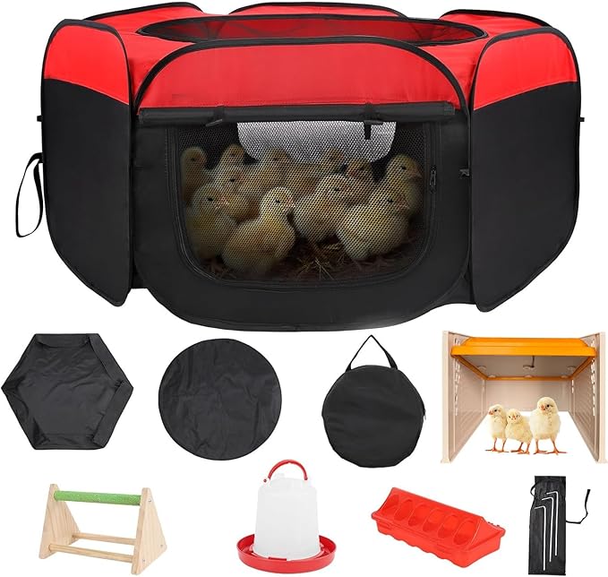 Chicken Brooder Box Starter Kit with Heating Plate, Feeder, Waterer & Perch for Chicks, Ducklings, Quail - Collapsible Playpen, Dual Door, Indoor/Outdoor Use (15 Chicks)