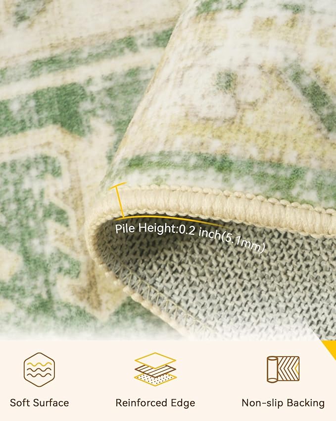 Area Rugs 5ft Washable Non-Slip, Floral Vintage Distress Print Pattern Medallion Carpet for Living Room Bedroom Dining Room, Sage Green Yellow
