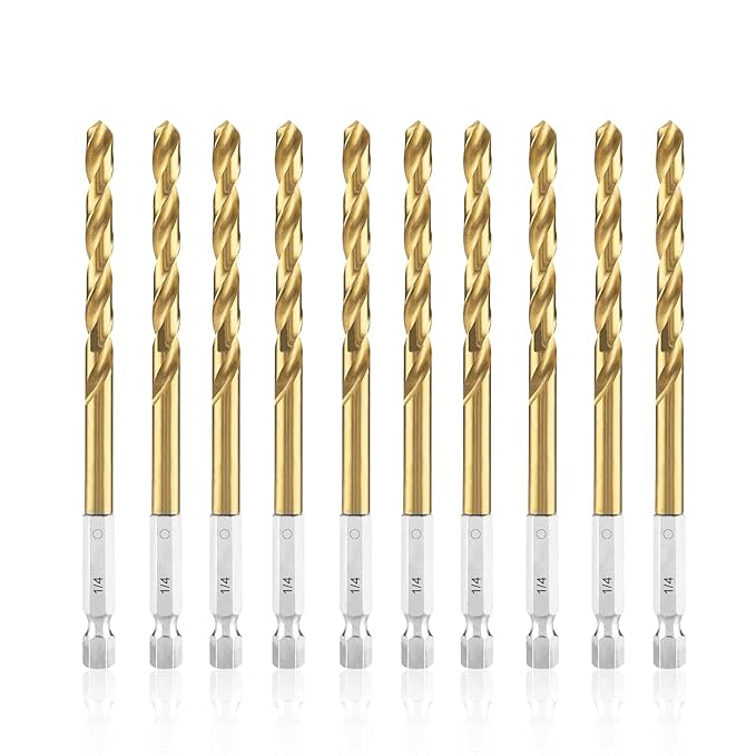 amoolo 1/4 Impact Drill Bit Sets, 10Pcs Titanium HSS Twist Hex Shank Drill Bit Set for Metal, Steel, Wood, Plastic, Quick Change Design