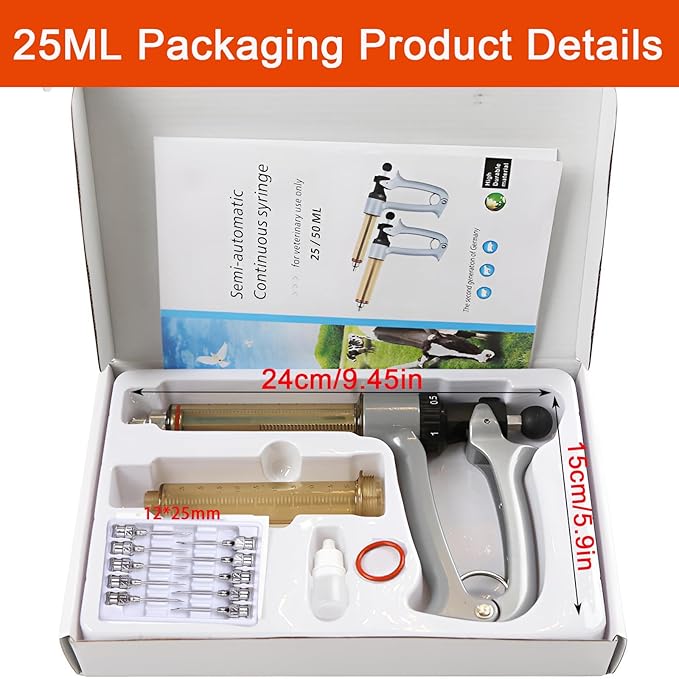 25ML Livestock Syringe Gun, 5 Gears Adjustable Continuous Repeating Luer Lock Syringe, for Chickens, Ducks, Goose, Pig Bull Sheep, Large And Small Animals