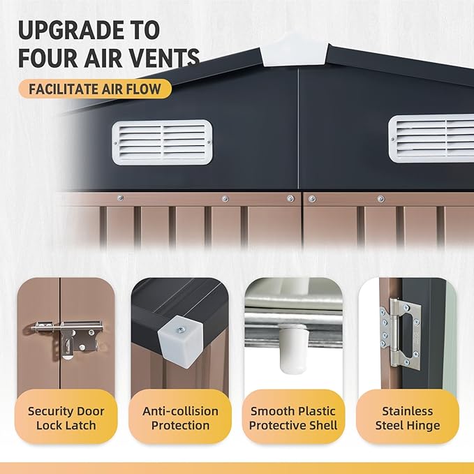 Aoxun 10x12 Shed with Brown Floor Galvanized Steel Outdoor Storage Shed Metal Garden Shed with Moisture-Proof Floor & Ventilation, Sloped Roof for Bike/Generator/Tool Storage (Brown Floor Included)