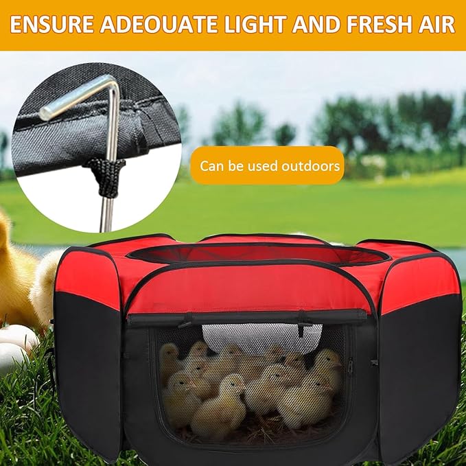 Chicken Brooder Box Starter Kit with Heating Plate, Feeder, Waterer & Perch for Chicks, Ducklings, Quail - Collapsible Playpen, Dual Door, Indoor/Outdoor Use (15 Chicks)
