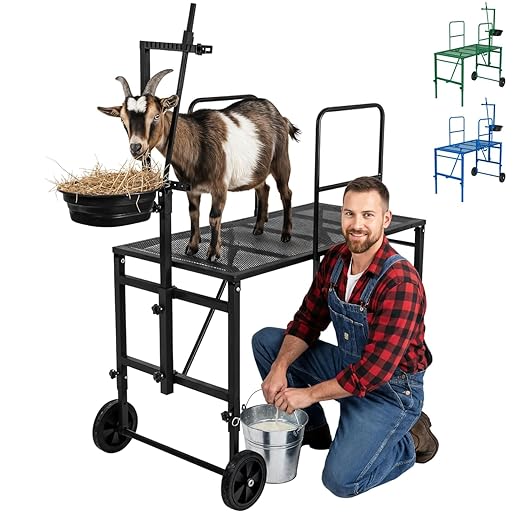 Goat Stand with Adjustable Headpiece & Legs, Goat Milking Stand with Feeder, Rails & Wheels, Stanchion for Grooming & Hoof Trimming, Sheep Stand for Shearing Heavy-Duty Steel Platform, Black