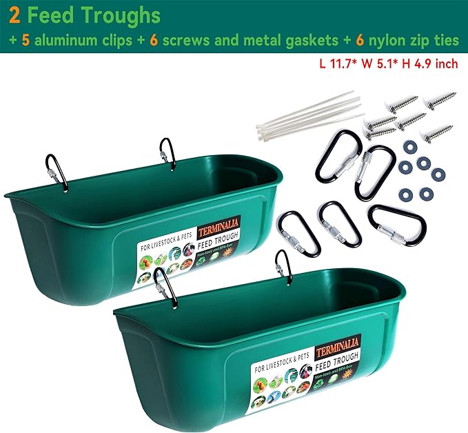 2 Pack Duck Chicken Feeder | Hanging Fence Feed Trough | Goose Turkey Water Trough with Clips | Livestock Feeding Container | Poultry Bucket | 5 Quarts in Total| Green
