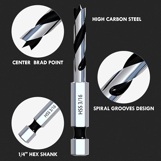 Stubby Brad Point Wood Drill Bit Set, 6pcs Hex Shank Short Length Drill Bit Set with Double Flutes Design for Carpenter Woodworking and All Types of Wood (3/32" - 3/8")