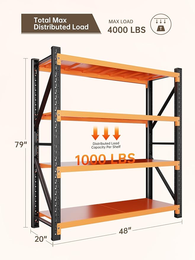 4-Tier Storage Shelves,79" H Heavy-Duty Garage Shelving Unit,Adjustable Metal Industrial Shelf System,3,500lbs Capacity,Tool Organizer for Garage,Workshop,48" W x 20" D x 79" H,Black&Orange