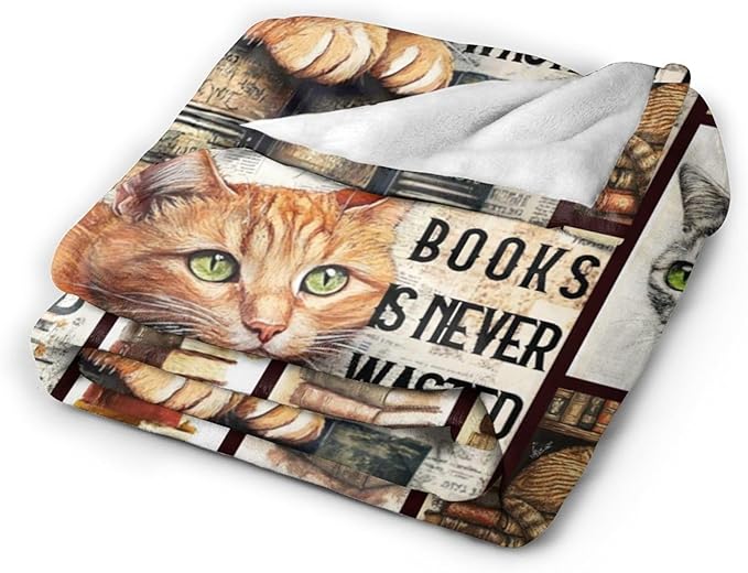 Dynova Cat Blanket Cozy Plush Book Throw Blankets Cozy Plush Cats Books Lovers Gifts Fuzzy Flannel Fleece for Women Men Girls Boys 60"X50"