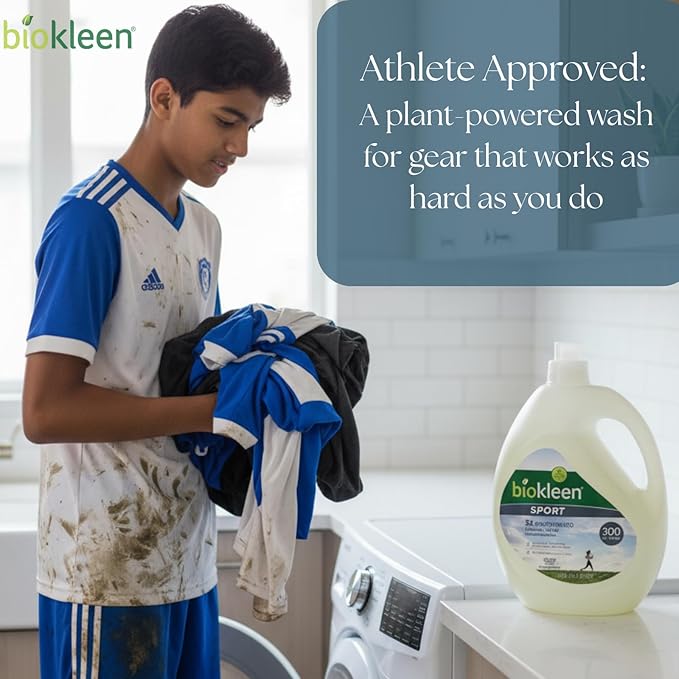Biokleen Natural Sport 3X Concentrated Laundry Detergent, 300 Loads, Bio Active Formula, Fight Odors, Sweat & Stain Remover, Lavender Eucalyptus Scent