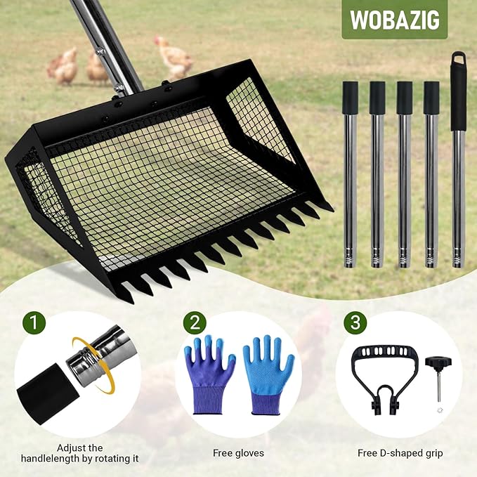 2-in-1 Chicken Poop Scooper & Rake,Chicken Coop Scoop with 304 Stainless Steel Shovel Head, Sand Sifting Litter Shovel (37 to 78")