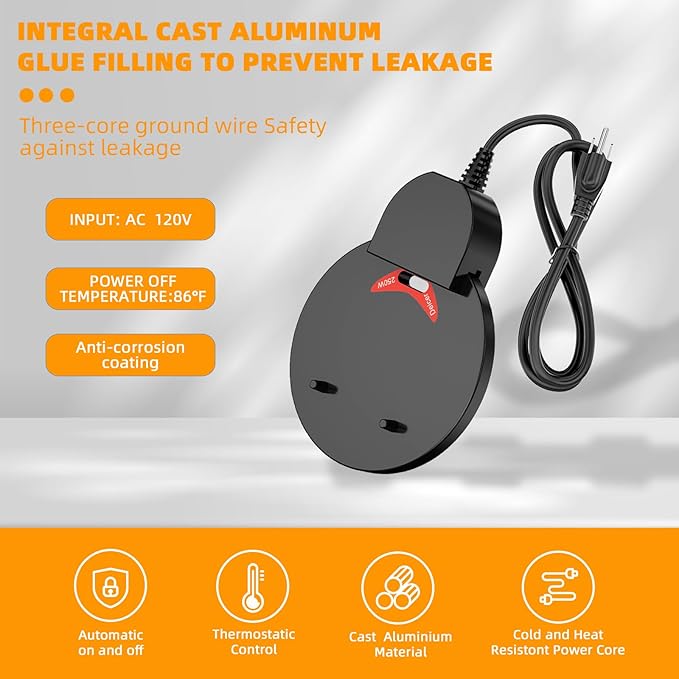 250W Chicken Water Heater w/Thermostat, Aluminum Cast Bird Bath Heater & Pond Deicer, Winter Trough Heater for Poultry, Horses, Cows