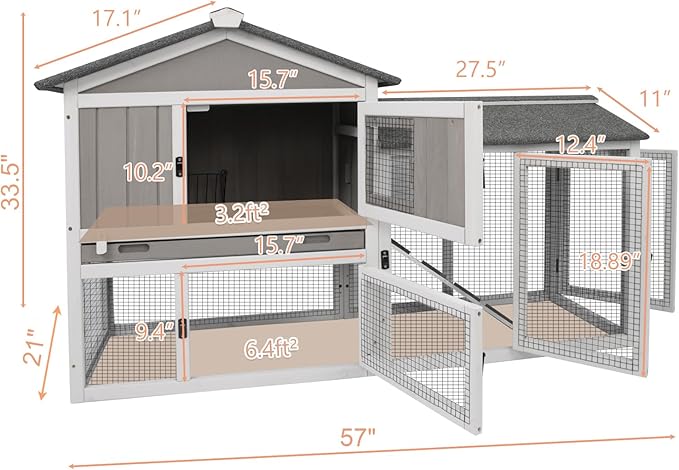 Rabbit Hutch Indoor Outdoor Bunny Cage with Pull Out Tray,2 Story Wooden Rabbit Cage with Weatherproof Asphalt Roof,Guinea Pig Cage with Ventilation Doors,Ramp for Small Animals 114" L Grey
