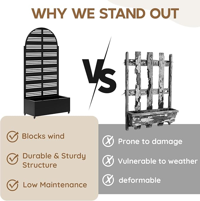 Metal Planter with Trellis& Wheels 72" x 35"x 15.7" Raised Garden Bed with Trellis,Privacy Planters for Patio,Garden Bed for Climbing Plants,Suitable for Climbing Plants and Vegetables,Black