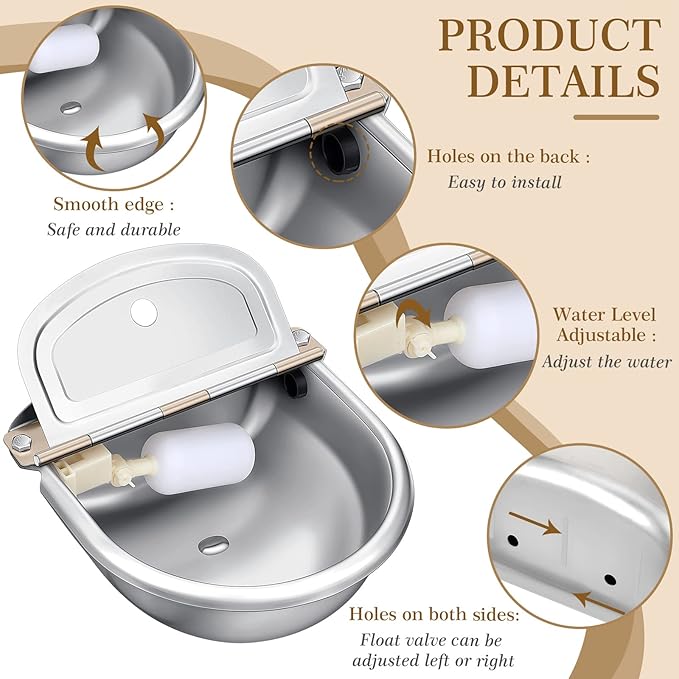 Bokon 2 Sets Automatic Animal Drinking Water Bowl, 304 Stainless Steel Waterer for Dog Cattle Goat Pig, Livestock Water Trough Dispenser with Pipe Hose, 4 Float Valves, Quick Connecter, Expansion Bolt