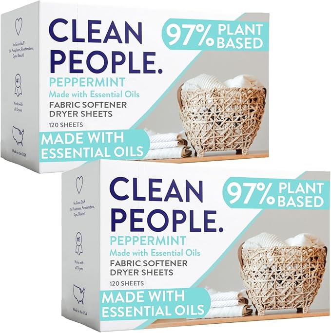 The Clean People Fabric Softener Sheets - Dryer Sheets - Softens & Removes Static - Vegan Laundry Softener With Essential Oils - Peppermint 240 Pack