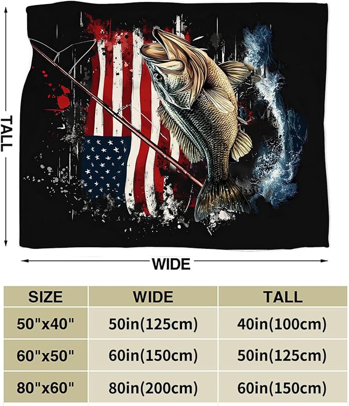 Fishing Blanket American Flag Fish Throw Blanket Soft Warm Cozy Fuzzy Plush Gifts for Girls Women Lightweight Fleece Flannel Stuff Decor Gift for Kids Adults 80"X60"