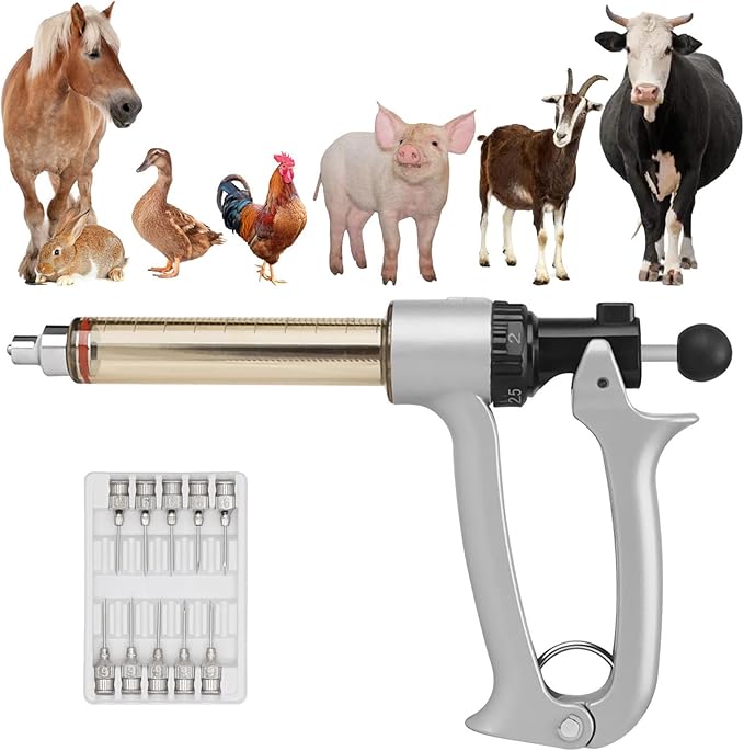 25ML Livestock Syringe Gun, 5 Gears Adjustable Continuous Repeating Luer Lock Syringe with 10 Needles, for Chickens, Ducks, Goose, Pig Bull Sheep, Large And Small Animals