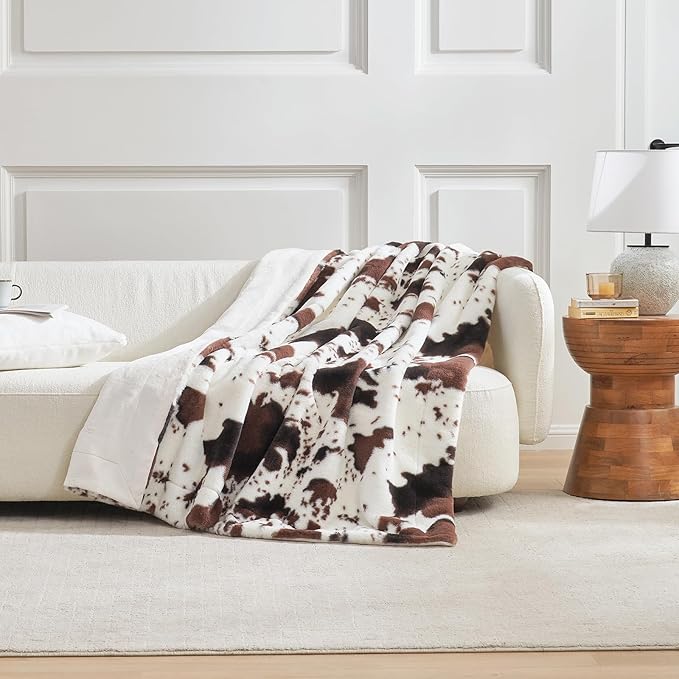 Cozy Bliss Cow Print Faux Fur Throw Blanket, Animal Printed Blankets Super Soft Warm Thick Fluffy Throws Home Decor for Couch Bed Sofa Women (Black&Coffee Cow, 50x60 Inches)