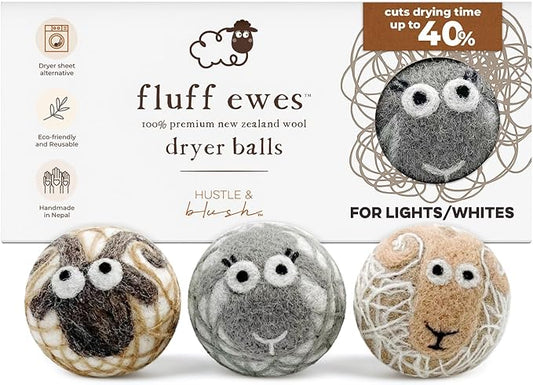 Hustle & Blush Fluff Ewes Wool Dryer Balls 3 Pack - XL Lights Premium New Zealand Laundry Set, Reduces Drying Time, Static Control, Chemical Free, Ideal Holiday Gifts for Women & Men
