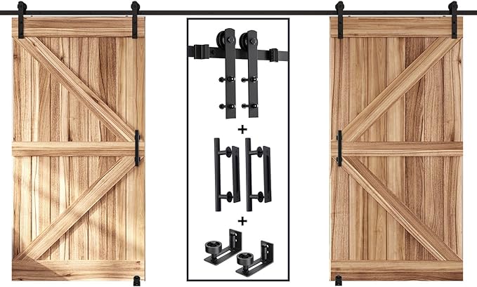 EaseLife 16 FT Double Sliding Barn Door Track and Handle Hardware Kit, Straight Pulley,Slide Smoothly Quietly,Easy Install (16FT Track Kit for 44"~48" Wide Double Door)