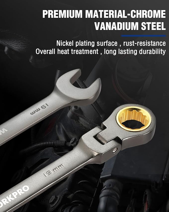 WORKPRO 19 mm Flex-Head Ratcheting Combination Wrench, Cr-V Constructed, Nickel Plating, 72-Teeth, 12 Point Design, Metric
