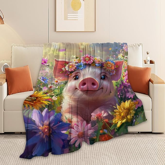 Pig Blanket, Pink Pig Throw Blanket, Flower Gifts Blankets Stuff Fleece Flannel Plush for Girls Women Men Boys Lovers Adults Soft Bedding Gift for Sofa Bed Office Home Decor 40"X50"