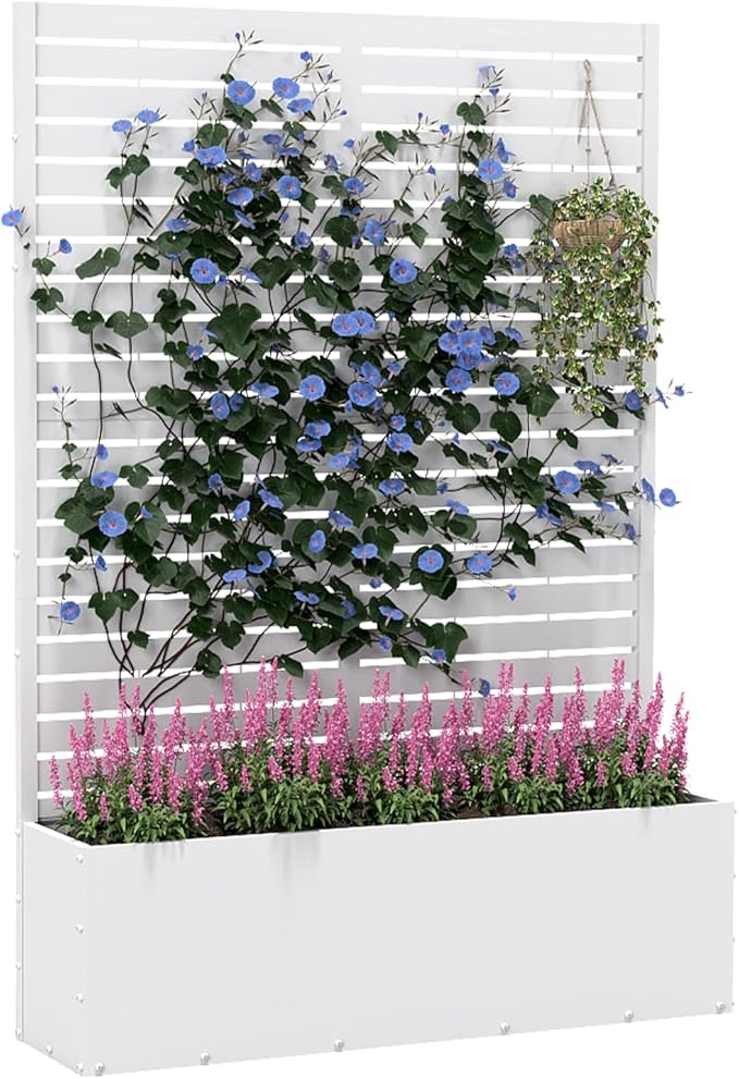 Metal Planter Box with Trellis,70.9"x47.2"x15.7" Raised Garden Bed with Drainage Holes, Privacy Planters for Outdoor Garden Bed for Climbing Plants,Vegetables,and Vines, White-louvered
