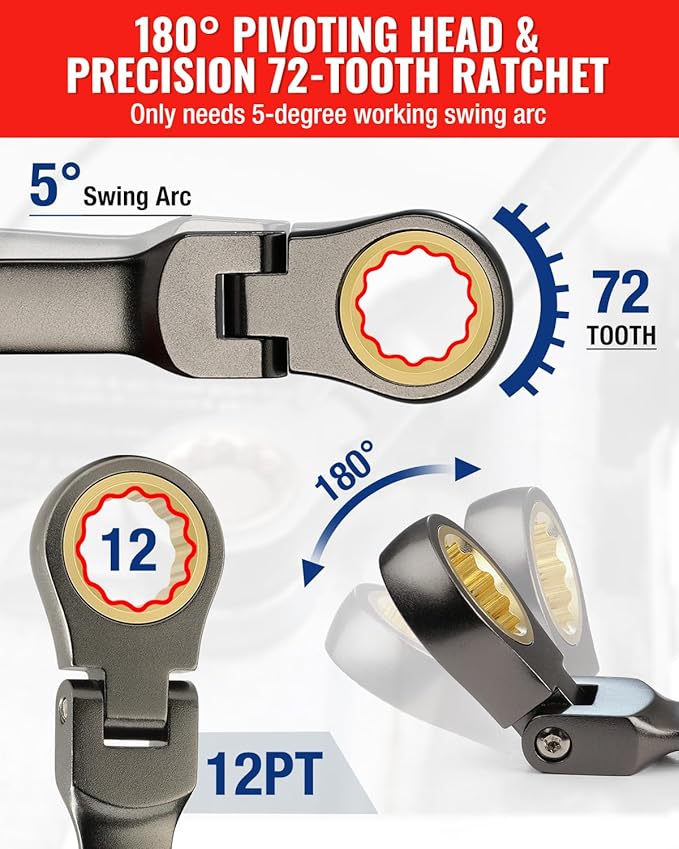 WORKPRO 8-piece Flex-Head Ratcheting Combination Wrench Set, SAE 5/16-3/4 in, 72-Teeth, CR-V Constructed, Nickel Plating with Organizer Bag