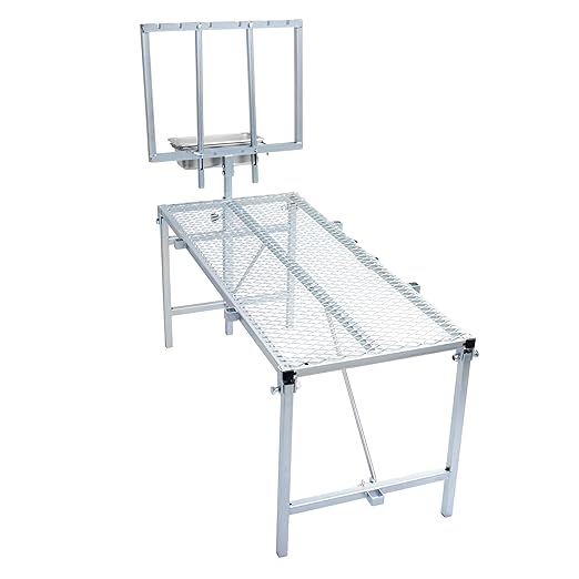 HECASA Sheep Milking Stand Livestock Feeder Rack Adjustable Headpiece w/Removable Feeding Tray Portable Farm Ranch Livestock Stand for Hoof Trimming Shearing Grooming Grooming (Silvery)