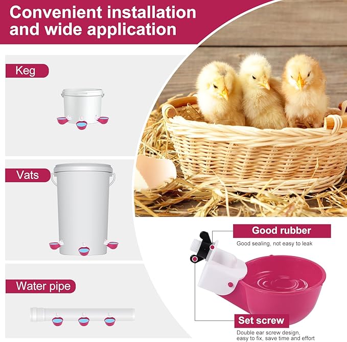 Chicken Waterer Cups (8 Pack/Purplish Red) - DIY Automatic Large Chicken Water Feeder for Ducks,Chicks, Turkeys, Quail, Bunny, Bird and Other Various Poultry Dispenser with Matching Drill