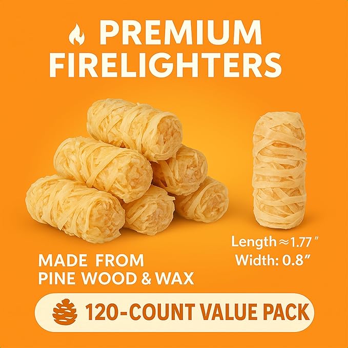 120 PCS Fire Starter – Natural Wax & Sawdust Wood Igniters for Grill, Fireplace, Camping Accessories, BBQ, and Cooking – All-Weather, 10 Min Burn