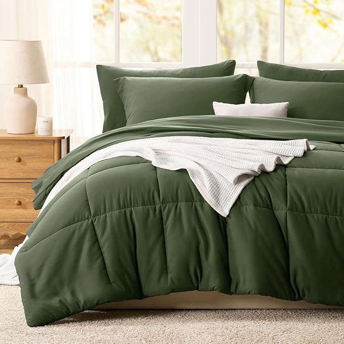 CozyLux King Size Comforter Set Olive Green - 7 Pieces Bed in a Bag King, Okeo-Tex Certifited Bedding Set, All Season Soft Bed Set with Down Alternative Comforter, Sheets, Pillowcases & Pillow Shams