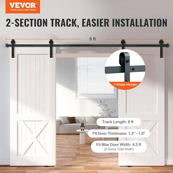 Sliding Barn Door Hardware Kit, VEVOR 8FT 330LBS Heavy Duty Barn Door Track Kit for Double Doors, Fit 3.7-4.3FT Total Wide and 1.3"-1.8" Thick 2 Door Panel, with Smooth & Silent Pulley