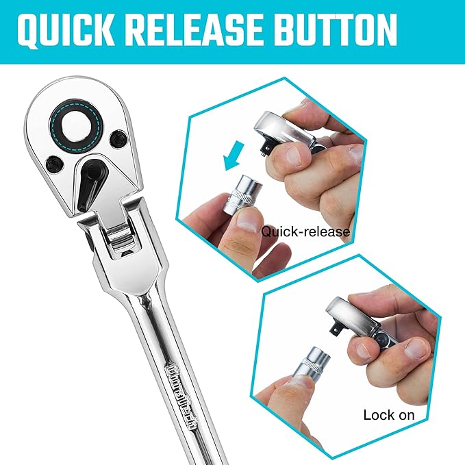 DURATECH 1/4" Drive Flex-Head Ratchet, 72-Tooth Ratchet Wrench, Quick-release, Reversible Switch, Full-Polished Chrome Plating, Alloy Steel
