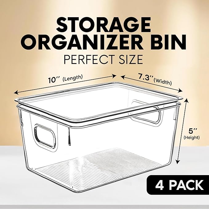 Clear Plastic Storage Bins with Lids, Perfect for Kitchen Organization or Pantry Organization and Storage, Stackable Fridge Organizer Bins, Storage Containers for Organizing, Cabinet Organizers