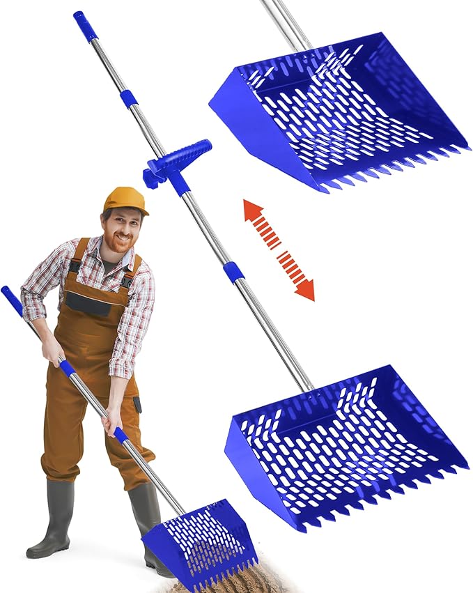 Chicken Poop Scooper and Rake – 2-in-1 Metal Litter Sifter for Chicken Coops, Sand, and Runs with 22–62" Adjustable Handle, Heavy-Duty Cleaning Tool for Chicken and Duck Pen