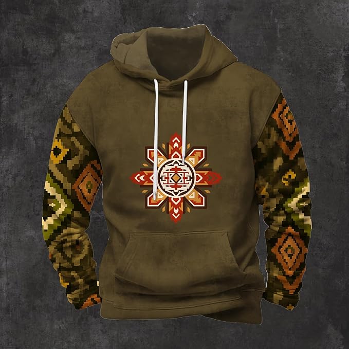 Mens Hooded Sweatshirt Vintage American Element Long Sleeve Fall Hoodie Classic Drawstring Front Pocket Pullover
