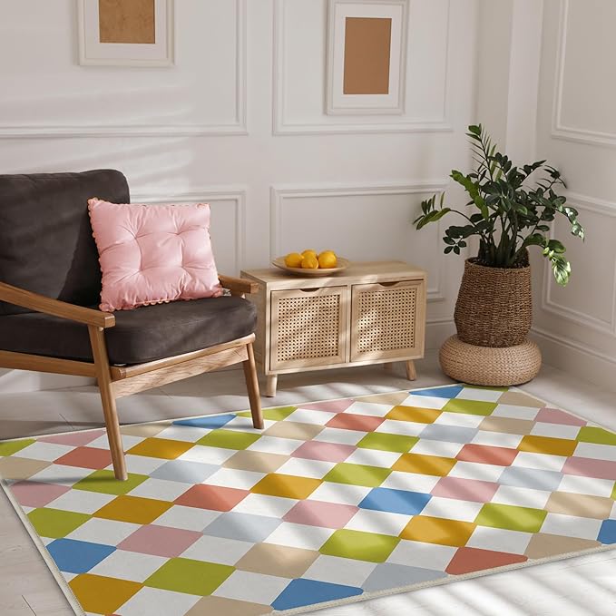Checkered Washable 3x5 Modern Geometry Colorful Area Rugs Non Slip Low Pile Indoor Floor Small Carpet for Living Room Children's Room Bedroom Dinning Room