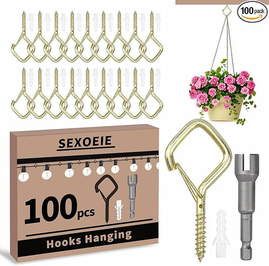 100 PCS Gold Eye Screw Hooks for Hanging Heavy Duty with Safety Buckle.Metal Ceiling Hooks for Hanging Plants Cup Wind Chime Bird Feeders Patio Lights at Indoor&Outdoor