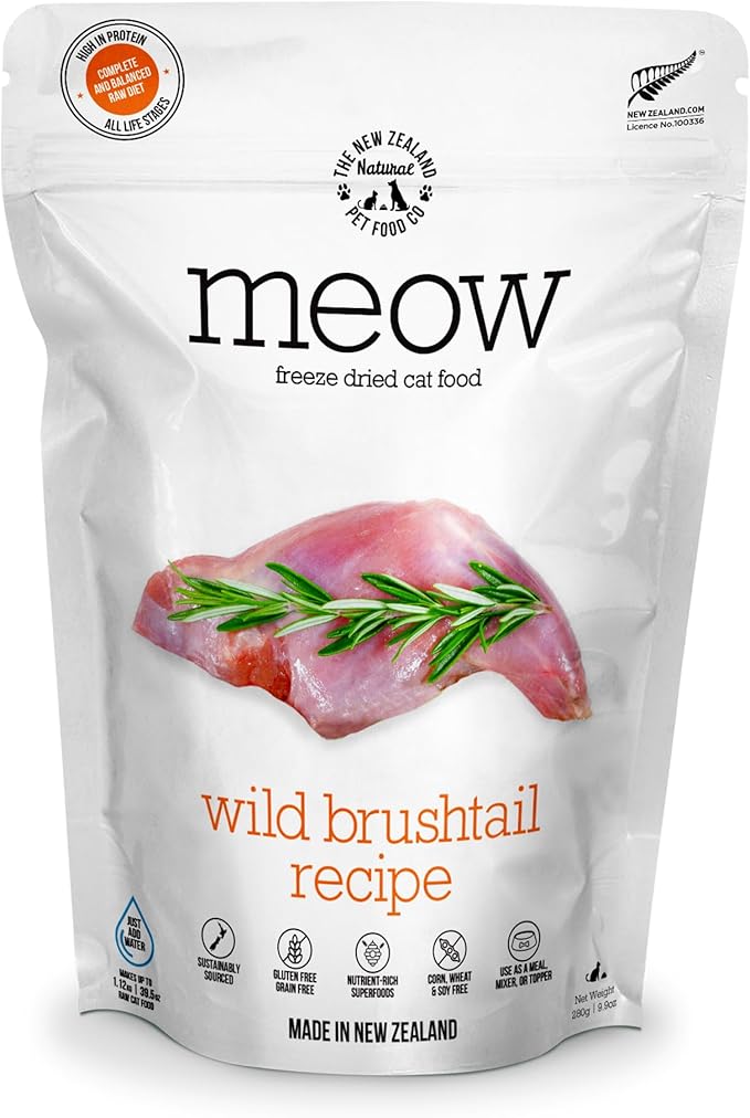 The New Zealand Natural Pet Food Co Meow Freeze Dried Cat Food - Wild Brushtail Recipe, High Protein Treats, Meals & Toppers,Dry Cat Food,9.9 oz
