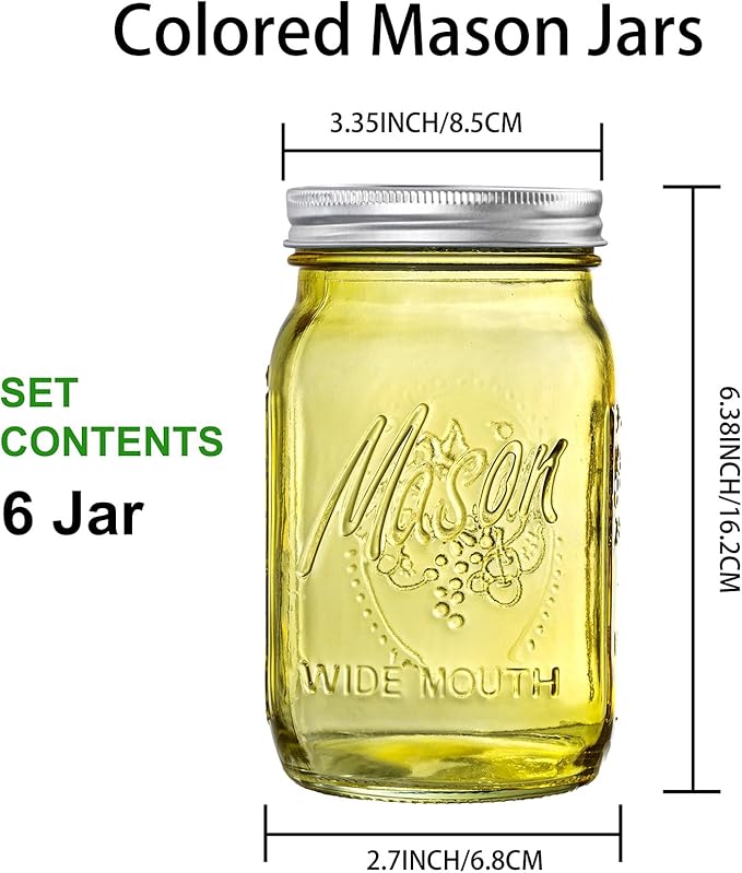 WELLIFE 32 Oz Mason Jars-6PCS Colored Mason Jars with Lids.Safe for Storage,Quart Mason Jars Wide Mouth.Pickling, Preserving, Fermenting, DIY Crafts & Decor