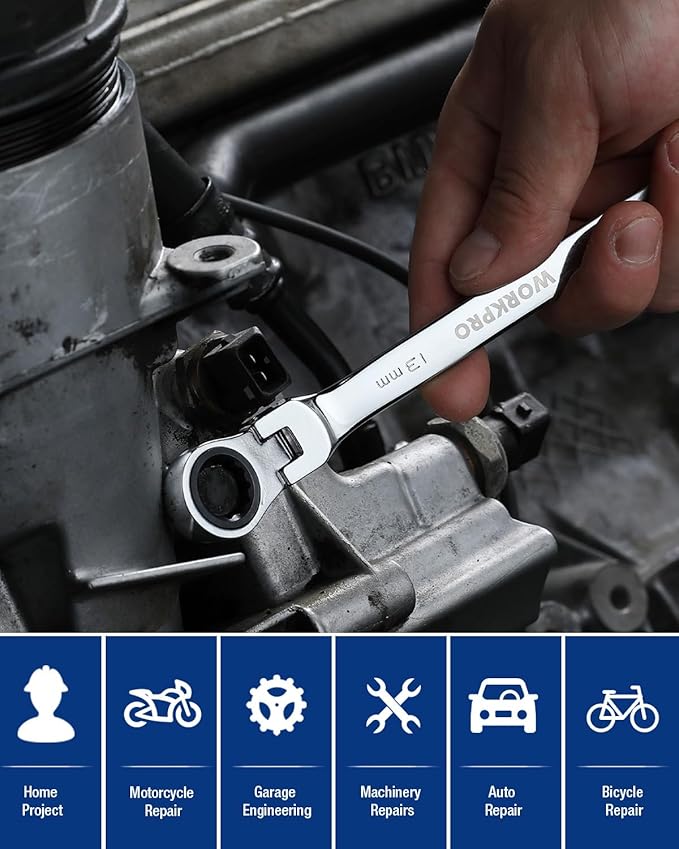 WORKPRO 13 mm Ratcheting Combination Wrench Metric, CR-V Constructed with Mirror Polish Chrome Plating, 12-Point Design, 15-Degree Offset