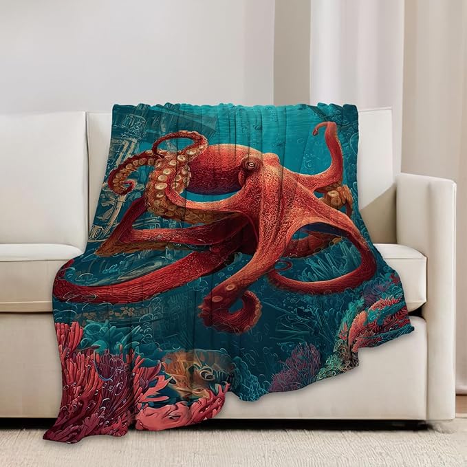Ocean Octopus Blanket Coral Marine Life Animal Throw Blankets Gifts for Girls Boys Kids Octopus Lover Soft Cozy Fleece Plush for Couch Sofa Bed 80"x60"