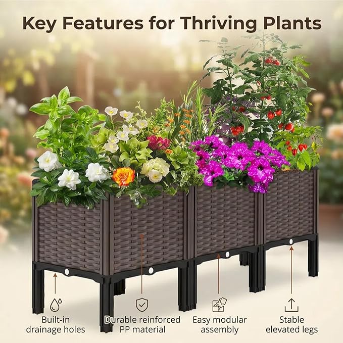 3 Sets Elevated Garden Bed with Legs,Outdoor Raised Planter Boxes for Herbs/Vegetables/Flowers, Patio Plant Containers with Drainage Holes, Heat & Frost Resistant Garden Boxes for Outdoor Gardening