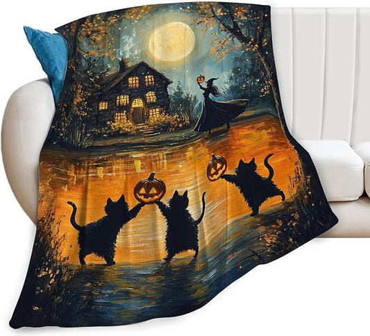 Halloween Cat Blanket, Pumpkin Black Cat Fleece Flannel Throw Blanket, Witch Soft Lightweight Stuff Throws Gifts for Women Men Boys Girls Lovers Adults Lovers Sofa Decor 80"x60"